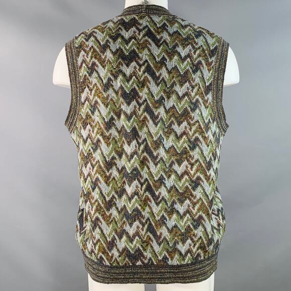 MISSONI SPORT Vintage Size M Green Grey Zig Zag Wool Blend Two Pockets Knit Vest - Picture 4 of 9